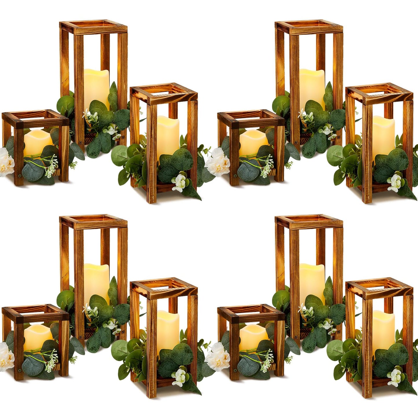 24-Piece Wooden Candle Lantern Set with 12 Rustic Lantern Centerpieces & 12 Flameless LED Candles – Wedding & Event Table Decorations (Brown)