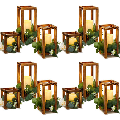 24-Piece Wooden Candle Lantern Set with 12 Rustic Lantern Centerpieces & 12 Flameless LED Candles – Wedding & Event Table Decorations (Brown)