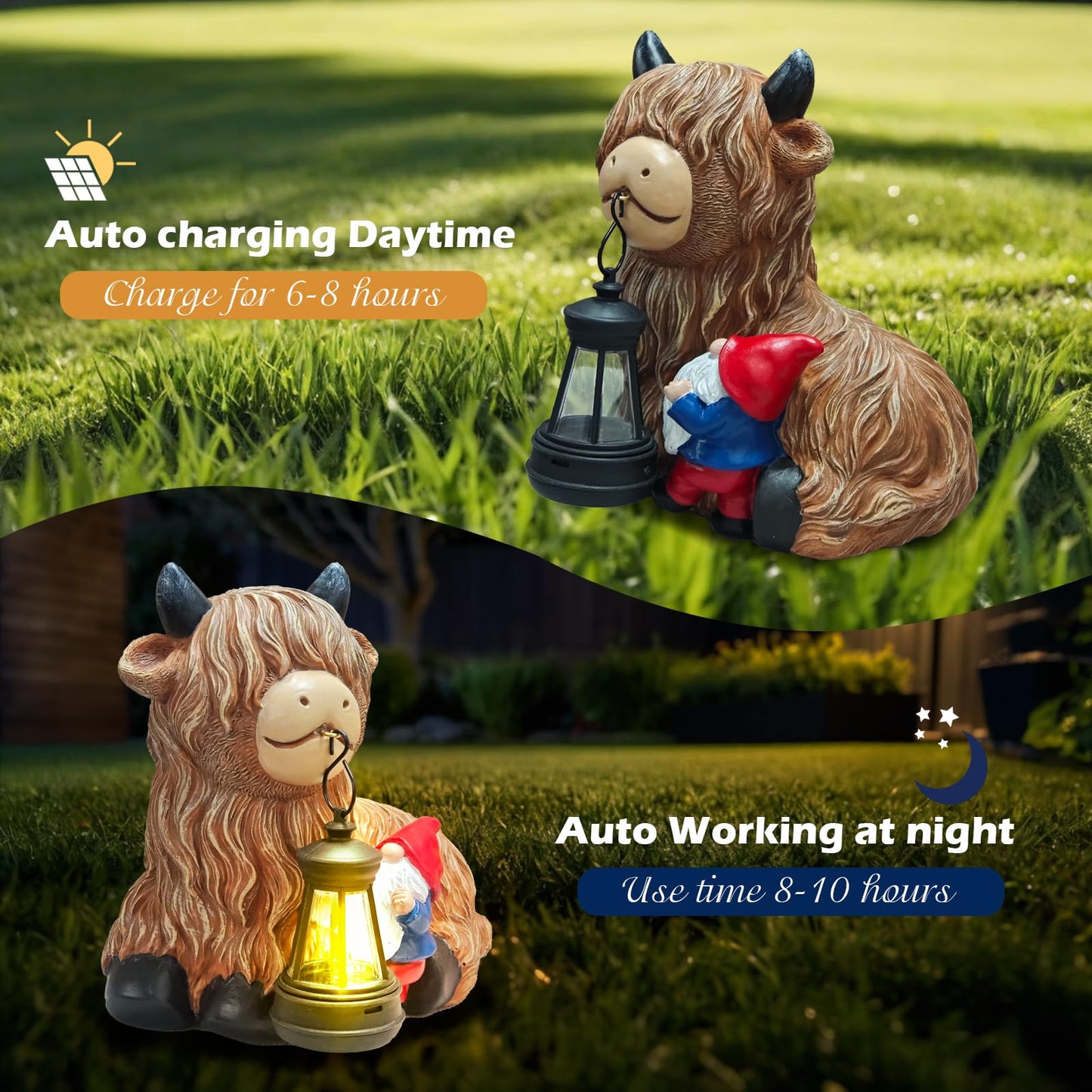 Solar Highland Cow Gnome with Lantern – Funny Resin Garden Statue with Solar Light, Outdoor Yard & Patio Decoration, Unique Gift