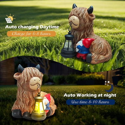 Solar Highland Cow Gnome with Lantern – Funny Resin Garden Statue with Solar Light, Outdoor Yard & Patio Decoration, Unique Gift