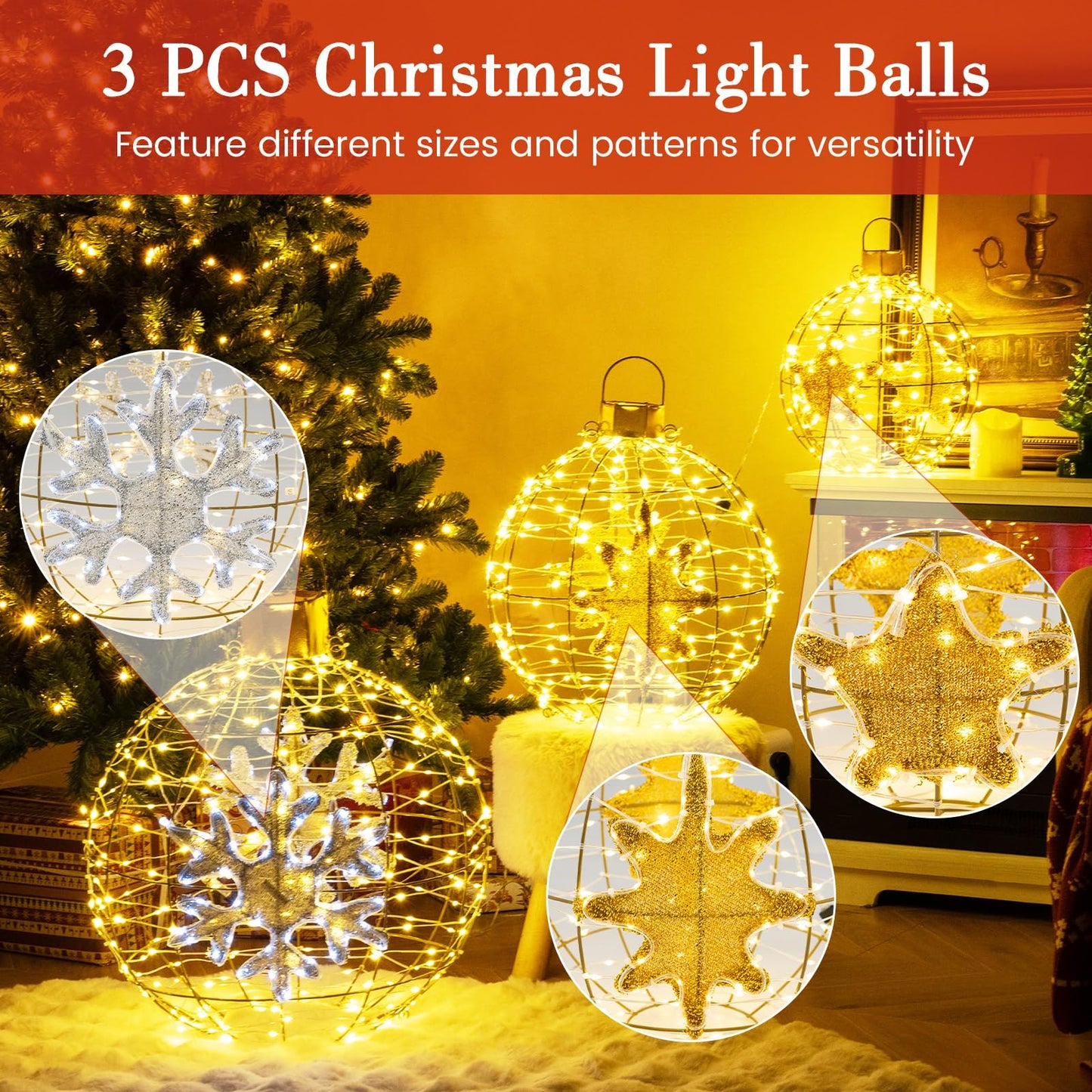 3-Piece Christmas LED Ball Light Set – Golden Hanging Sphere Ornaments with 732 LED Lights & Metal Frame – Indoor/Outdoor Holiday Decoration