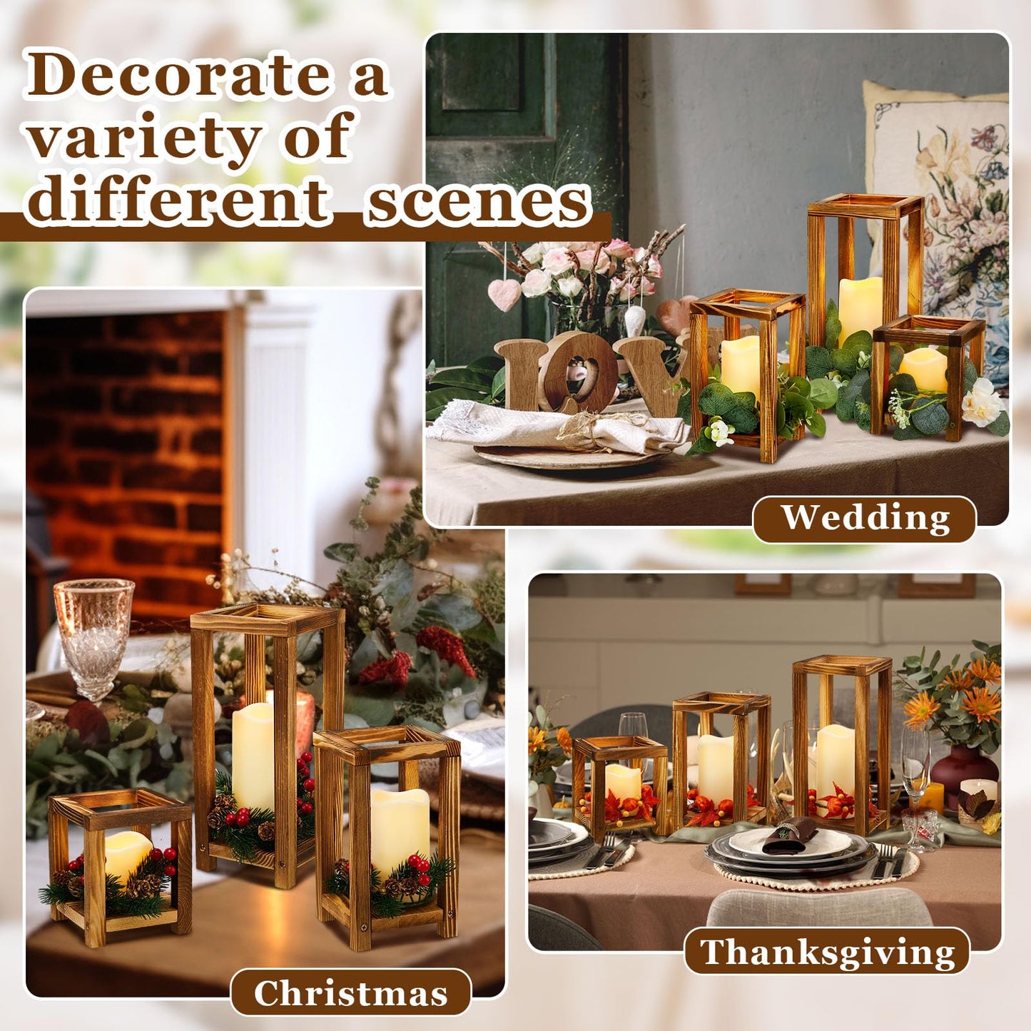 24-Piece Wooden Candle Lantern Set with 12 Rustic Lantern Centerpieces & 12 Flameless LED Candles – Wedding & Event Table Decorations (Brown)