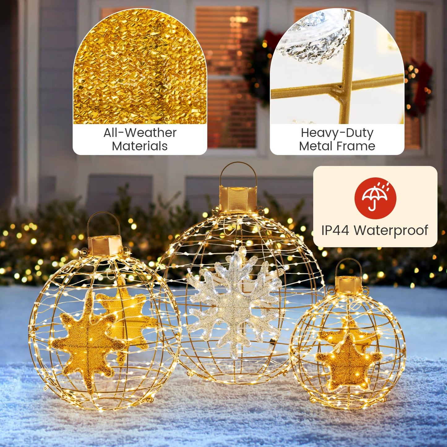 3-Piece Christmas LED Ball Light Set – Golden Hanging Sphere Ornaments with 732 LED Lights & Metal Frame – Indoor/Outdoor Holiday Decoration