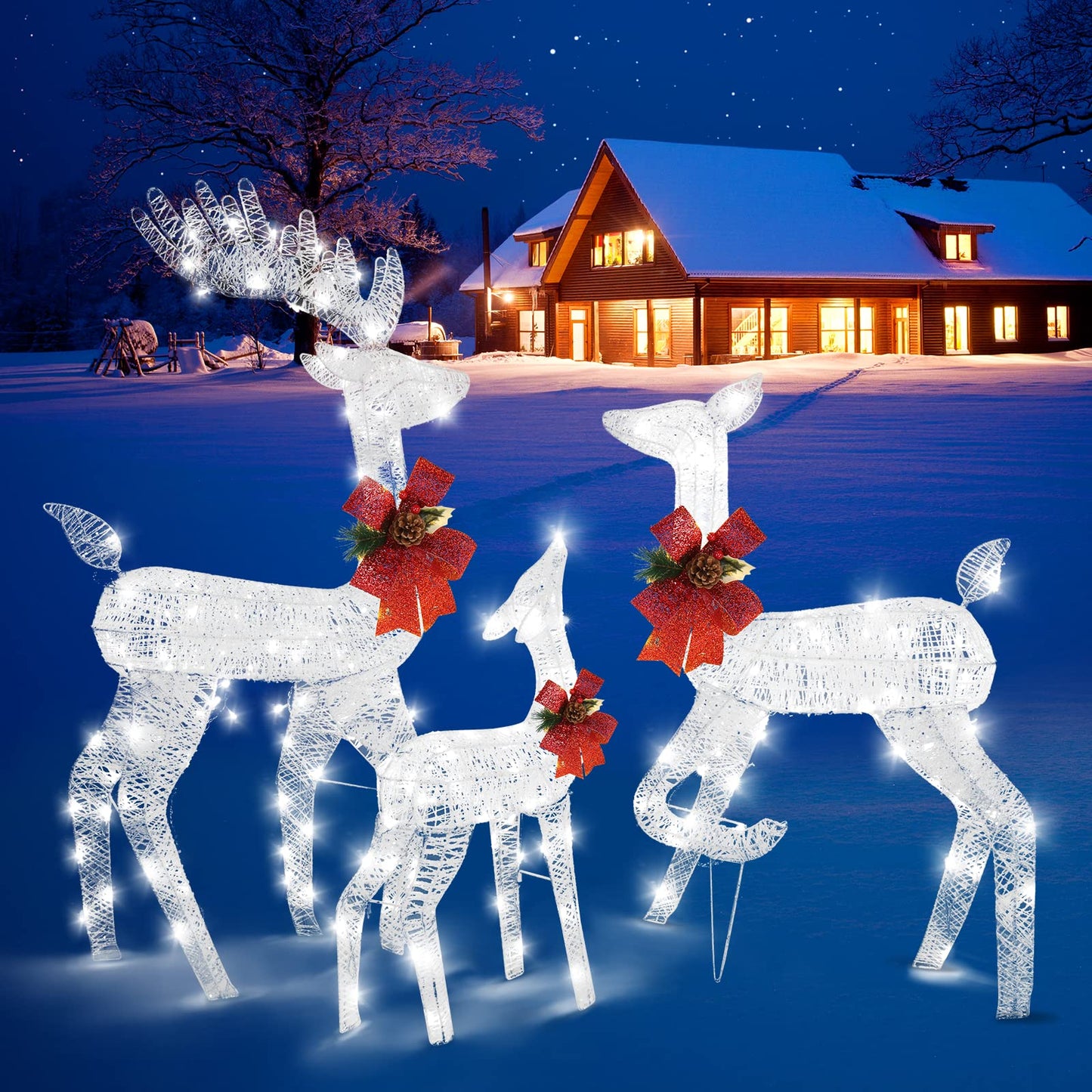 3-Piece Lighted Reindeer Christmas Decoration Set – Pre-Lit 270 LED Deer Family with Remote, Timer & Ground Stakes – Indoor/Outdoor Plug-In Ornament