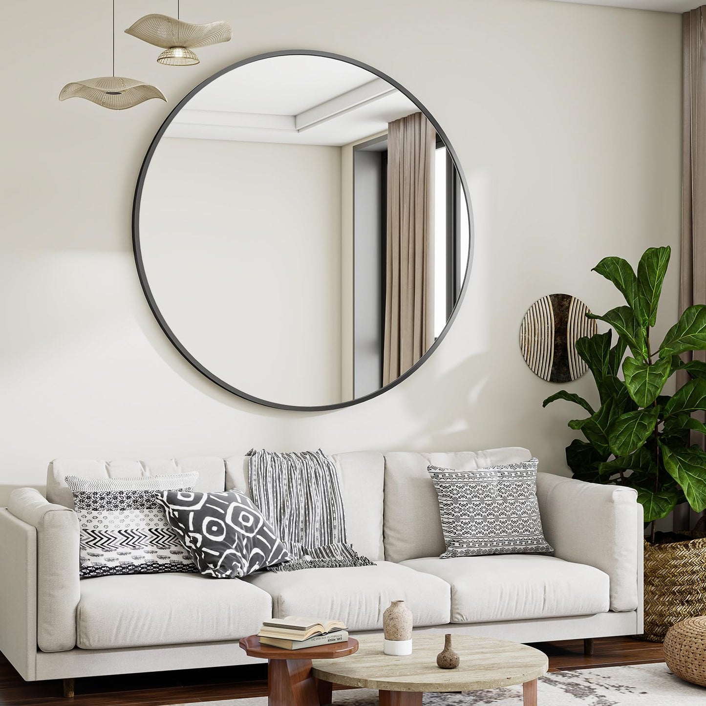 106cm Large Round Wall Mirror – Black Aluminium Alloy Frame, Tempered Glass Decorative Mirror for Bathroom, Bedroom, Living Room & Entryway