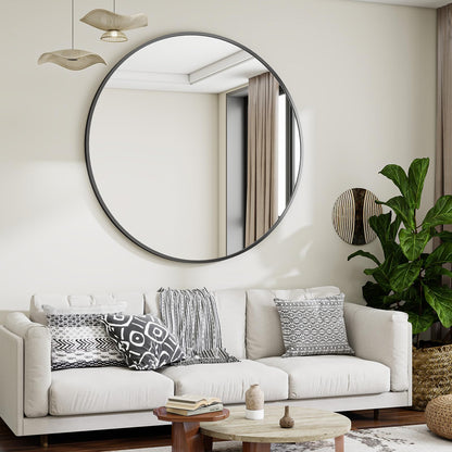 106cm Large Round Wall Mirror – Black Aluminium Alloy Frame, Tempered Glass Decorative Mirror for Bathroom, Bedroom, Living Room & Entryway