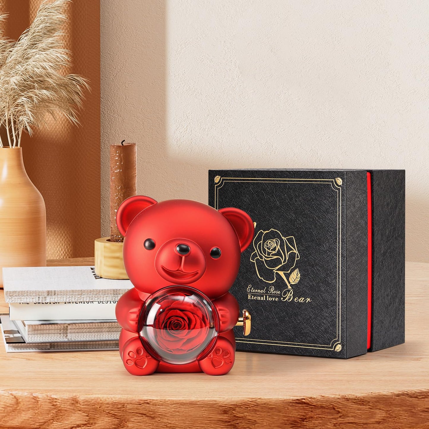 Romantic Teddy Bear with Preserved Red Rose, Hidden Jewelry Box & Heart Necklace – Unique Gift for Valentine’s, Anniversaries & Weddings