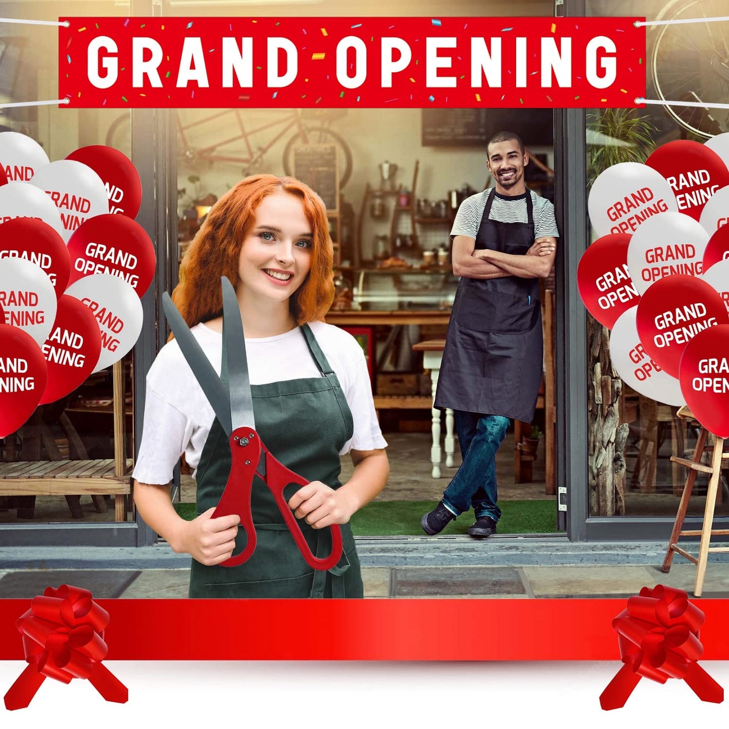 Grand Opening Ceremony Kit – 25" Giant Scissors, Red Satin Ribbon, Banner, Balloons & Decorations for Business