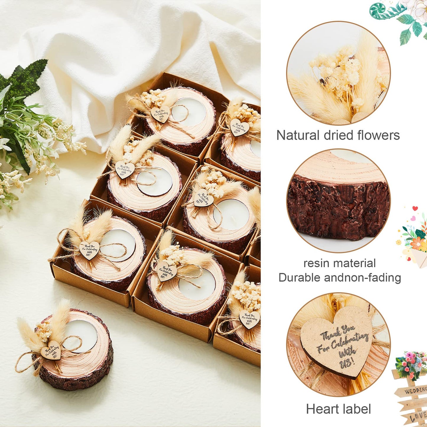 50-Piece Rustic Wedding Candle Favors – Tealight Holders with Dried Flowers for Bridal Showers & Wedding Décor