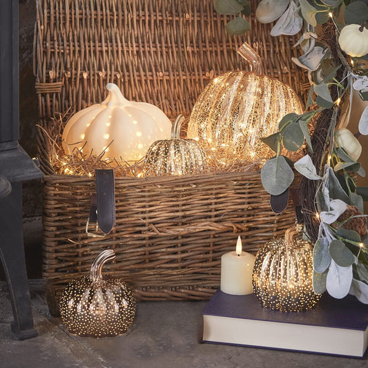 Set of 5 Light Up LED Pumpkins – Battery Operated Autumn & Halloween Decorations with Timer, Indoor Use (Gold & Glass Finish)