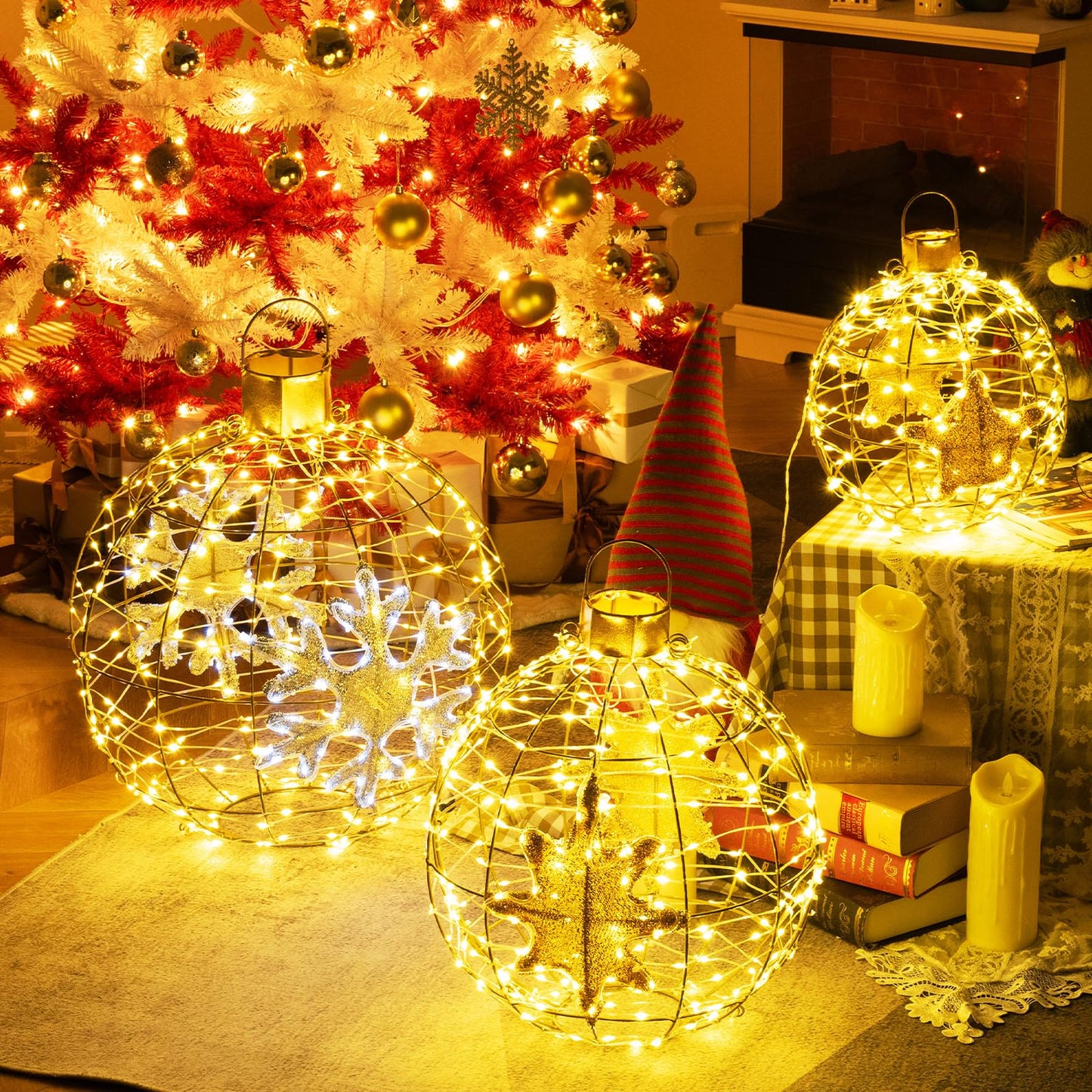 3-Piece Christmas LED Ball Light Set – Golden Hanging Sphere Ornaments with 732 LED Lights & Metal Frame – Indoor/Outdoor Holiday Decoration