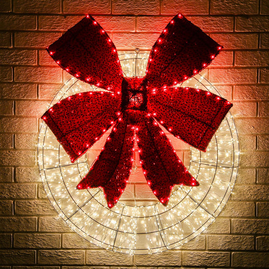 36-Inch Pre-Lit Christmas Wreath – 2160 LED Lights with Red Bow & Hanging Hook, Indoor/Outdoor Holiday Door & Wall Decoration