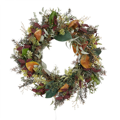 60cm Pre-Lit Red Robin & Eucalyptus Christmas Wreath – Artificial Front Door Decoration with 50 LED Lights, Battery Operated, Indoor/Outdoor